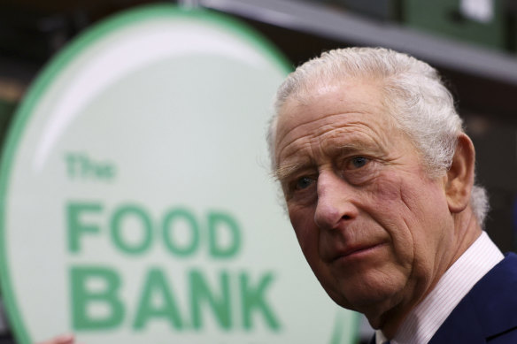 King Charles during a visit to a food bank in Milton Keynes, England in February.