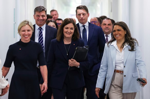 The anti-net zero bloc: Senator Jessica Collins, opposition minister for defence Angus Taylor, Senator Sarah Henderson, Member for Canning Andrew Hastie and Senator Jacinta Nampijinpa Price with other Liberal MPs and senators arrive for their party room showdown on Wednesday.