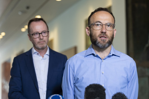 Greens leader Adam Bandt with NSW senator David Shoebridge (left).