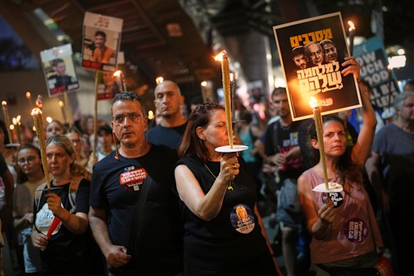 Protesters in Tel Aviv on Saturday demanded the release of all hostages in Gaza and an end to the war.