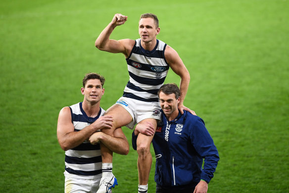 Joel Selwood is chaired off the field after Geelong’s second semi-final win against GWS last year. 