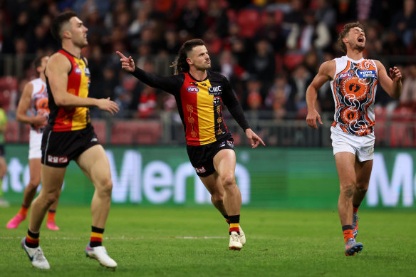 Jack Sinclair celebrates after kicking a goal against Greater Western Sydney last weekend.