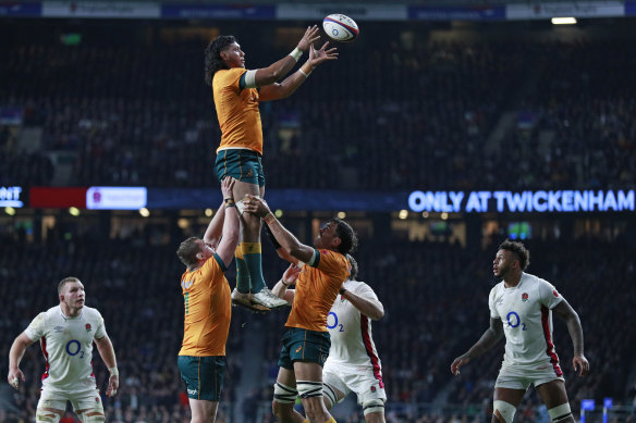 Australia’s Rob Leota wins a lineout.