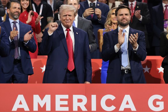 Republican presidential candidate Donald Trump and vice-presidential candidate J.D. Vance (right) at the Republican National Convention on July 15.
