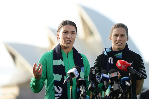 Rebekah Stott and Steph Catley during a media conference for the 2023 FIFA Women’s World Cup, in June last year.