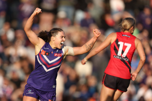 Fremantle’s Orlagh Lally celebrates a goal.