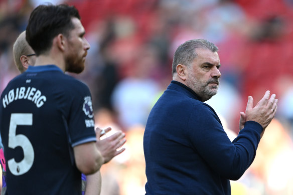 Ange Postecoglou applauds Spurs fans after the clash with Sheffield United.