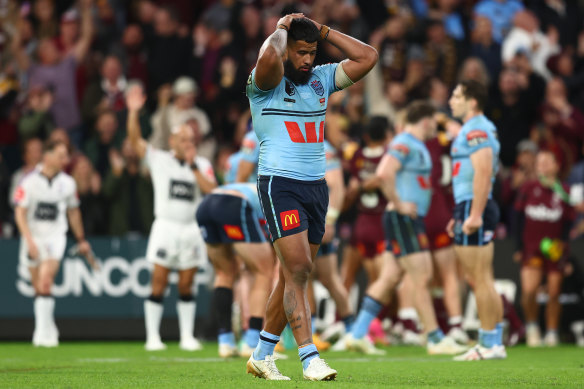 Payne Haas after the Blues loss in Brisbane.