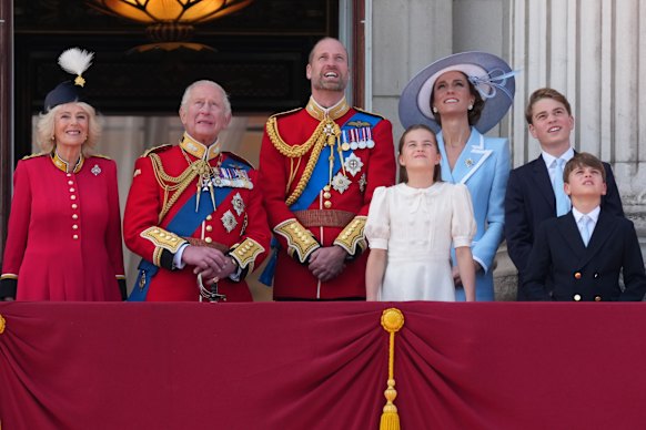 The Royal Family gathers on the balcony of Buckingham Palace to watch the RAF runway during Trooping the Colour. 