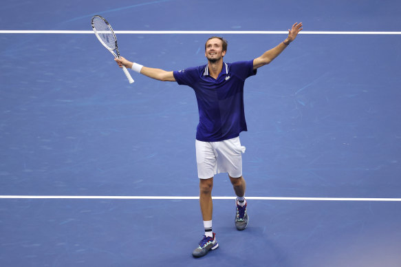 Daniil Medvedev celebrates his win over Novak Djokovic of Serbia at the 2021 US Open