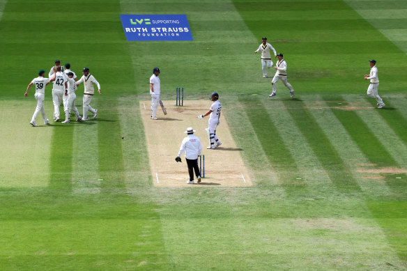 Australia celebrate the contentious dismissal of Jonny Bairstow on day five of the second Test at Lord’s.