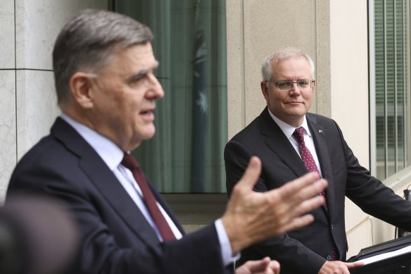 Health Department Secretary Brendan Murphy and former prime minister Scott Morrison in April 2021.