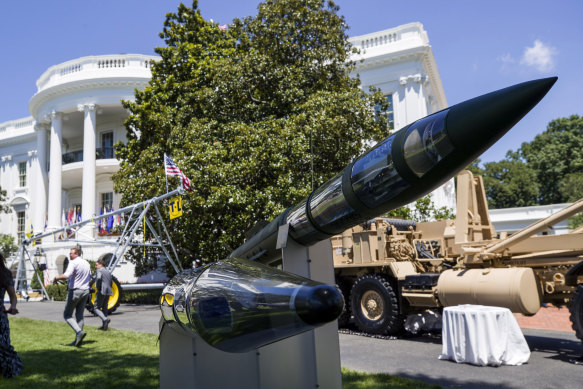 A Terminal High Altitude Area Defense (THAAD) anti-ballistic missile defence system on display at the White House in 2019.