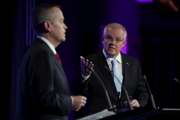 Prime Minister Scott Morrison and Opposition Leader Bill Shorten in the  2019 debate at the National Press Club.