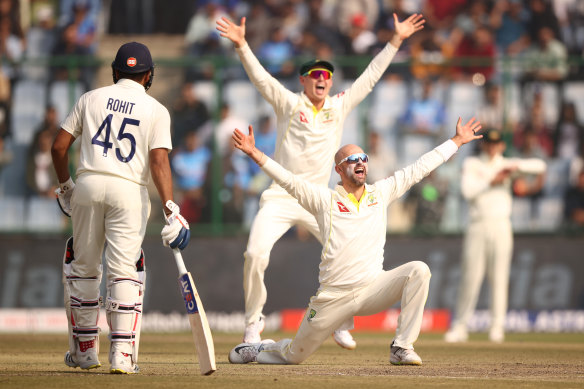 Nathan Lyon appeals for a wicket.