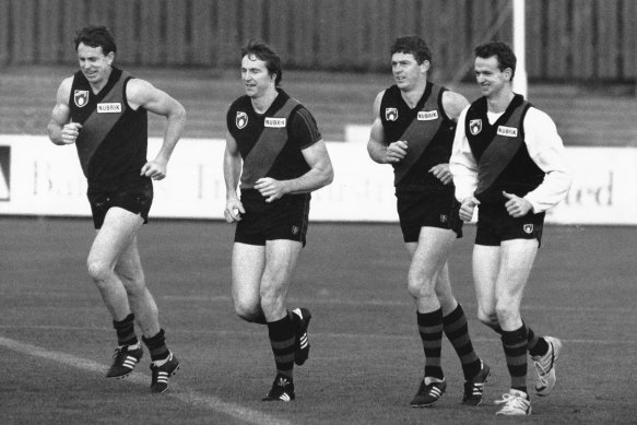 The four Daniher brothers at Essendon training in 1990 (from left): Terry, Neale, Chris and Anthony.