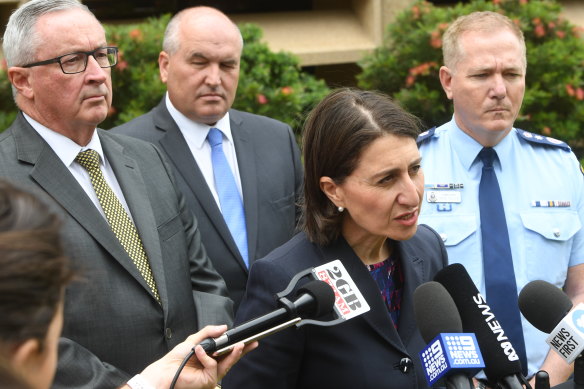 NSW Premier Gladys Berejiklian and her colleagues say several factors have contributed to the bushfires. Also pictured are Health Minister Brad Hazzard, Emergency Services Minister David Elliott and NSW Police Commissioner Mick Fuller.