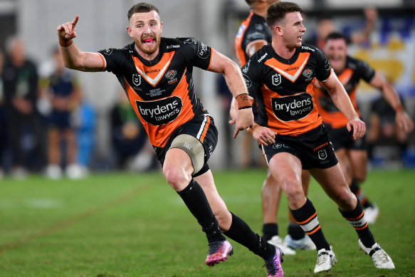 Jackson Hastings reacts after kicking the field goal to beat Parramatta,