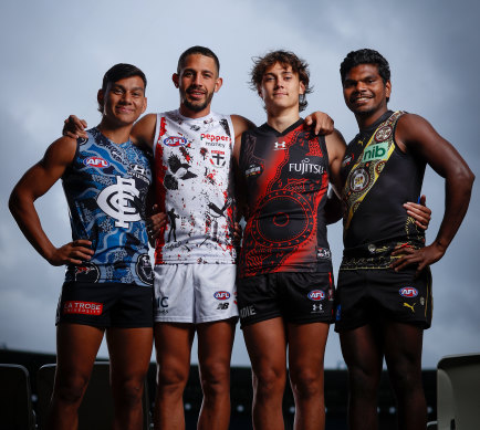 Tex Wanganeen (Essendon) and Maurice Rioli (Richmond) promoted their Indigenous jumpers on Monday ahead of Saturday night’s Dreamtime at the ’G.