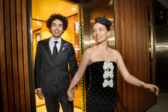 Members ready for Derby Day: Models Jack Chettra in Henry Bucks and Lochie Barnett in Rebecca Vallance dress and Chris Mullane hat.