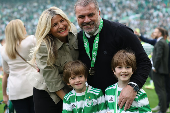 Ange Postecoglou with his wife Georgia and kids Max and Alexi.