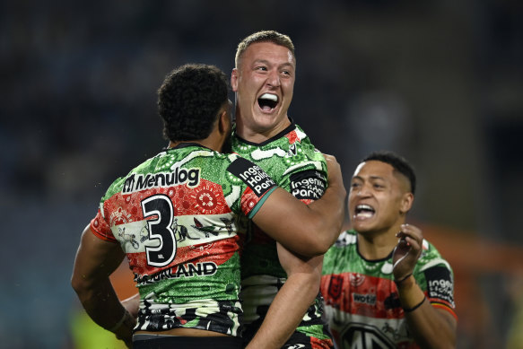 Sean Keppie celebrates after scoring for South Sydney.