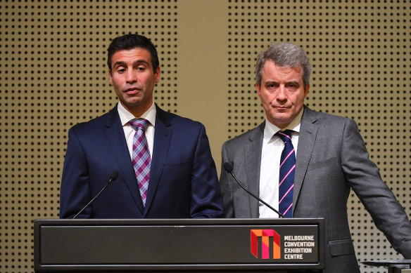 GM Holden interim chairman and managing director Kristian Aquilina and GM international operations senior vice president Julian Blissett address the media in Melbourne on Monday.