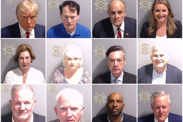 Mugshots of Donald Trump and 11 of the 18 people charged with him. Top row from second left: Ray Smith, Rudy Giuliani, Jenna Ellis. Middle row from left: Sidney Powell, Cathy Latham, Kenneth Chesebro. Bottom row from left: David Shafer, Scott Hall, John Eastman, Harrison Floyd, Mark Meadows.