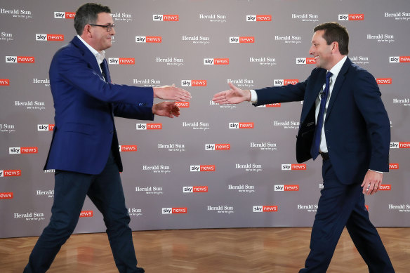 Premier Daniel Andrews and Opposition Leader Matthew Guy at the people’s forum tonight.