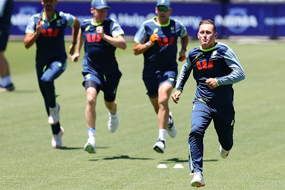 Marnus Labuschagne wins a foot race against his Australian teammates during a training session at Adelaide on Tuesday.