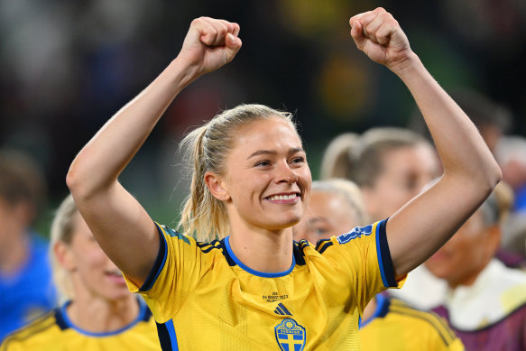 Fridolina Rolfo of Sweden celebrates her team’s victory.