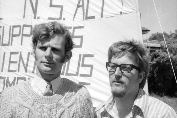 Barry Johnston (L) with Peter Clark at a National Service protest in 1970.