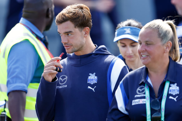 Jy Simpkin at half-time during Sunday’s practice match against the Saints.