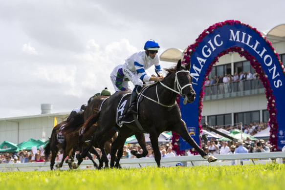 Graduation day . . . Shaquero wins the 2021 Magic Millions Two-Year-Old Classic. 