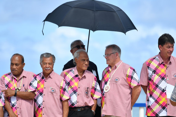 Prime Minister Scott Morrison (second from right) with Pacific leaders at the Pacific Islands Forum in Tuvalu in 2019. 
