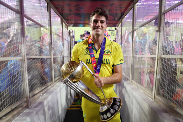 Pat Cummins celebrates the World Cup win in India.