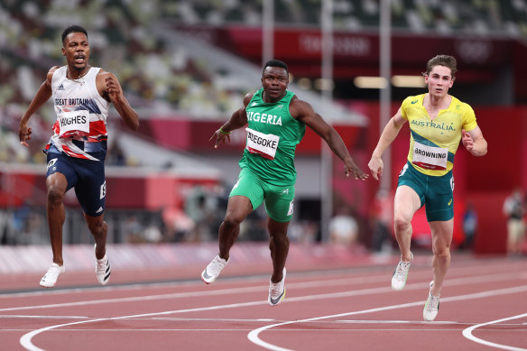 Great Britain’s Zharnel Hughes, Enoch Adegoke of Nigeria and Rohan Browning in the 100-metre semi-finals.