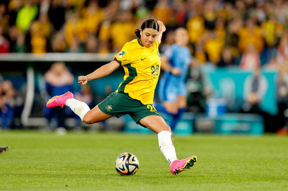 Sam Kerr scores against England in the 2023 Women’s World Cup.