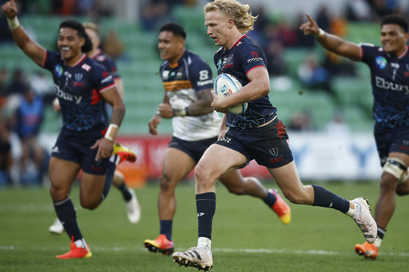 Melbourne’s Carter Gordon races away to score against the Brumbies this year.
