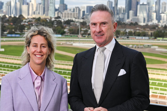 The Victoria Racing Club announced Kylie Rogers, pictured with VRC chairman Neil Wilson, as its new chief executive in June.