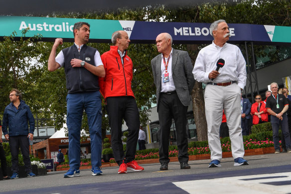 Former F1 race director Michael Masi (left), Australian Grand Prix Corporation chief executive Andrew Westacott, corporation chairman Paul Little and former F1 boss Chase Carey at a media conference following cancellation of the 2020 event.