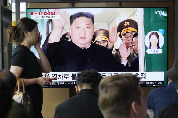 A TV screen shows an image of North Korean leader Kim Jong-un’s departure from Pyongyang, North Korea for Russia ast month.
