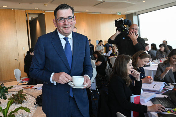 With a cup of tea in hand, Andrews mingled with journalists during the budget lock-up with confidence.