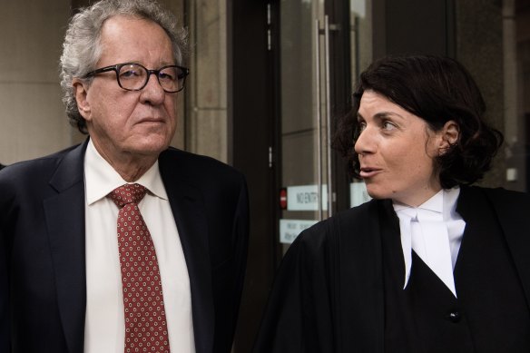 Sue Chrysanthou, SC, with actor Geoffrey Rush during his Federal Court defamation case.
