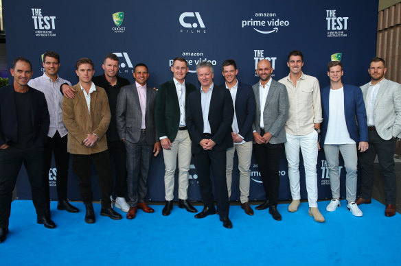 Steve Waugh (centre) with members of the Australian Cricket Team during  the Amazon Original premiere of The Test: A New Era for Australia’s Team in March 2020.