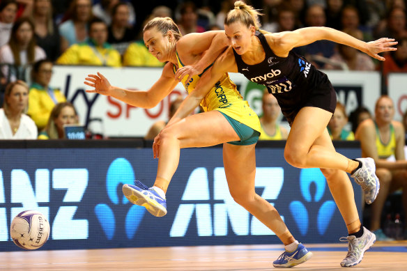 Australia's Liz Watson battles with New Zealand's Katrina Rore during their Constellation Cup clash in Christchurch.