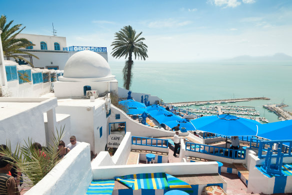 Cafe Chebaane in Sidi Bou Said, Tunisia, overlooking the Mediterranean.