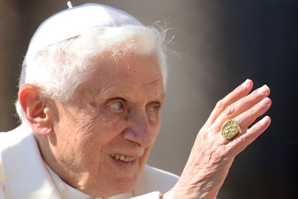 Pope Benedict XVI wearing the fisherman’s ring in 2013. 
