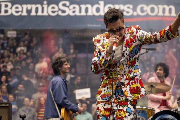 Julian Casablancas, lead singer of The Strokes, performs after Democratic presidential candidate Senator Bernie Sanders in Durham, New Hampshire.