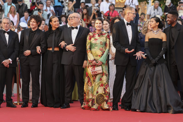 From left: Elemental Producer Jim Morris, Vincent Lacoste, Adele Exarchopoulos, director Peter Sohn, producer Denise Ream, Creative Director of Pixar Studios Pete Docter, Leah Lewis, and Mamoudou Athie at the closing premiere of ‘Elemental’ in Cannes in May.